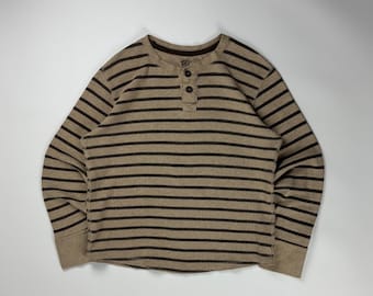 Vintage Henley Striped Cropped Thermal Shirt /  Tee / Large Brown