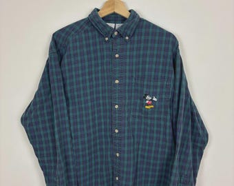 Vintage 1990s Disney Mickey Mouse Plaid Green Flannel / Size Large