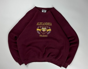 Vintage Alexandria Tigers Tröja med djurmotiv, rund hals, broderad, stor, vinröd