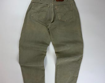 Vintage Levis Loose Fitting Jeans / Dirt Wash Bottoms / Frayed Size 32 Green