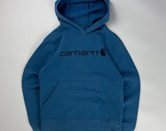 Vintage Carhartt Hoodie / Workwear Sweater / Spellout Graphic Pullover / Small Blue