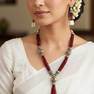 Red Ruby Beaded Necklace Set, Pearl Tassel Jewelry, Handmade Indian Statement Necklace & Earrings, Traditional Ethnic Wedding Jewelry