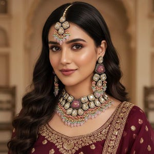 Peut inclure: Une femme porte une robe bordeaux brodée et des bijoux ornés. Les bijoux comprennent un collier, des boucles d'oreilles et un serre-tête, tous avec des pierres roses et claires avec des accents dorés. La robe a des broderies dorées.