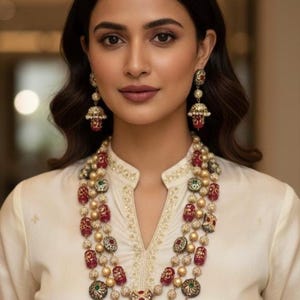 Peut inclure: Une femme porte un haut crème et des bijoux élaborés. Les bijoux comprennent un collier à plusieurs rangs avec des accents rouges, dorés et verts, et des boucles d'oreilles assorties. Le collier présente des perles et des pendentifs de différentes formes.