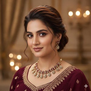 Op de afbeelding: Een vrouw draagt een gouden ketting en bijpassende oorbellen met rode edelstenen en bloemmotieven. De sieraden passen bij een bordeauxrode jurk met gouden borduursels. De achtergrond is zacht verlicht met bokeh-lichten.