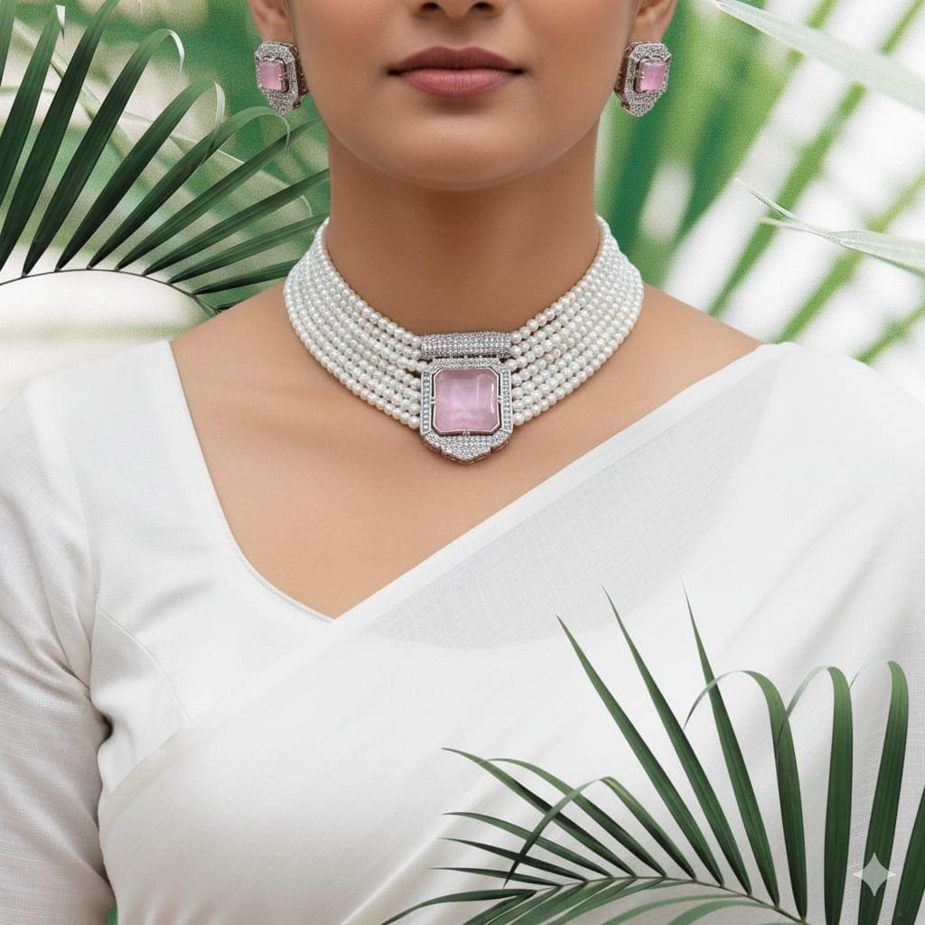 Elegant White Pearl Choker Necklace Set With Turquoise Stone