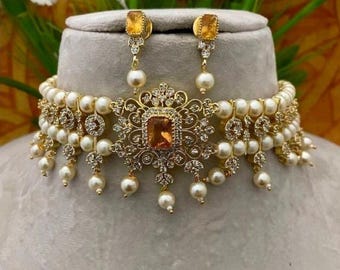 Handcrafted Regal Pearl Emerald Green Stone Choker Necklace set Earrings Traditional Bridal Jewellery for Weddings Parties  Celebrations