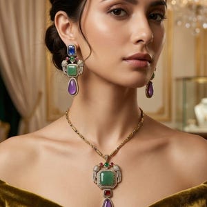 Conjunto de joyería artesanal con múltiples piedras preciosas / Collar con colgante de esmeralda, amatista y rubí de estilo victoriano con pendientes colgantes a juego.