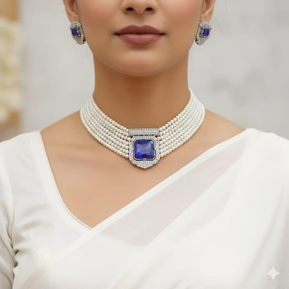 Elegant White Pearl Choker Necklace Set With Turquoise Stone