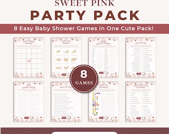 Bundel roze bloemen babyshowerspel: 8 afdrukbare meisjesfeestspellen (direct downloaden)