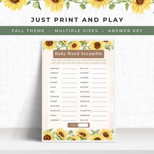 Sunflower Baby Shower Word Scramble Printable, Flower Theme Baby Shower Game, Rustic Sunflower Activity Download, Kids Friendly Shower