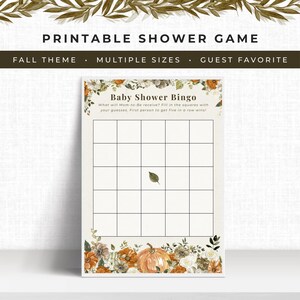 Juego de bingo imprimible para baby shower de otoño, tarjetas de bingo de calabaza y flores para invitados, actividad para baby shower de otoño, decoración rústica para baby shower