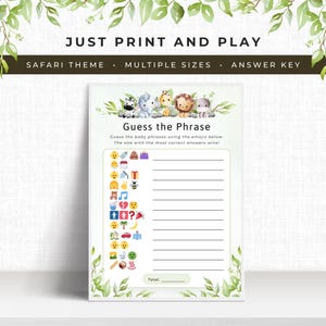 Safari Baby Shower Emoji Pictionary Game, Baby Phrase Emoji Pictionary, Jungle Theme Printable, Easy Gender Neutral Activity