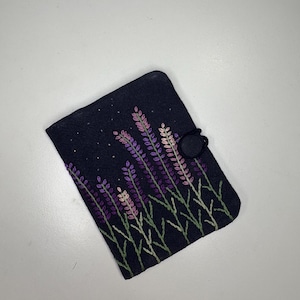 Lavender Embroidered Fabric Card Holder – Handmade Linen Wallet for Business & Bank Cards