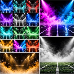 May include: A digital collage of stadium scenes featuring various coloured spotlights and thick fog. The images display athletic fields with white lane markings, illuminated by vibrant beams of blue, red, purple, green, orange, and white light.