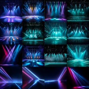 Op de afbeelding: Een collage van zestien podiumverlichtingsdisplays met diverse configuraties van schijnwerpers, stralen en lasers. De afbeeldingen tonen levendige kleurenpaletten waaronder blauwe, paarse, groenblauwe en rode tinten, die dynamische patronen van licht en nevel creëren.