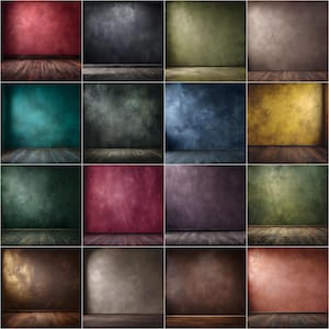Peut inclure: Une collection de seize toiles de fond de studio avec diverses couleurs et textures. Chaque toile de fond présente un mur peint et un sol en bois, créant un cadre rustique et artistique. Les couleurs varient des rouges et bleus profonds aux verts et bruns terreux.