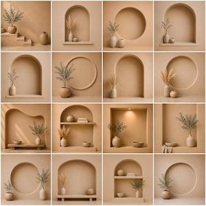 Puede incluir: Una colección de dieciséis nichos de pared arquitectónicos y estantes en tonos beige que presentan diversos arreglos de jarrones de cerámica, cuencos y tallos botánicos secos. La muestra exhibe espacios de pared arqueados, circulares y rectangulares.