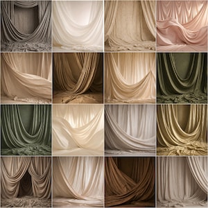 May include: A grid of sixteen images showcasing draped fabric in various colors. The fabrics are arranged to create flowing, curtain-like forms. Colors range from neutral tones like beige and gray to warmer hues like peach and olive green.