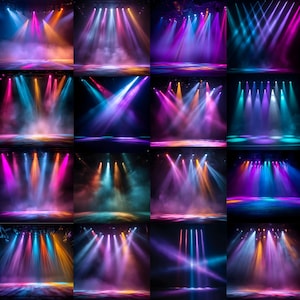 May include: A grid of sixteen images showcasing stage lighting effects. Each image features vibrant beams of light in various colors, including pink, blue, orange, and purple, illuminating a smoky stage. The lighting creates a dramatic and dynamic atmosphere.