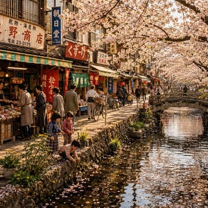 以下が含まれることがあります： 日本の絵のように美しい街並み。店が並び、桜が満開です。石橋が花びらでいっぱいの運河を渡っています。人々は通りを歩き、店員と交流しています。朝日堂、真野商店の看板が見えます。