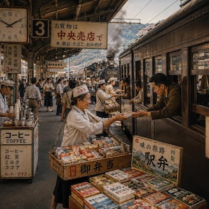 Puede incluir: Escena de estación de tren japonesa vintage con vendedores que venden comida y bebidas. Un reloj muestra las 10:09. Se ven letreros en japonés. Un tren de vapor está al fondo. La gente compra comida.