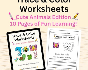 Trace and Color Worksheets – Cute Animals Tracing Pages for Preschool, Fine Motor Skills, Handwriting Practice, Printable PDF