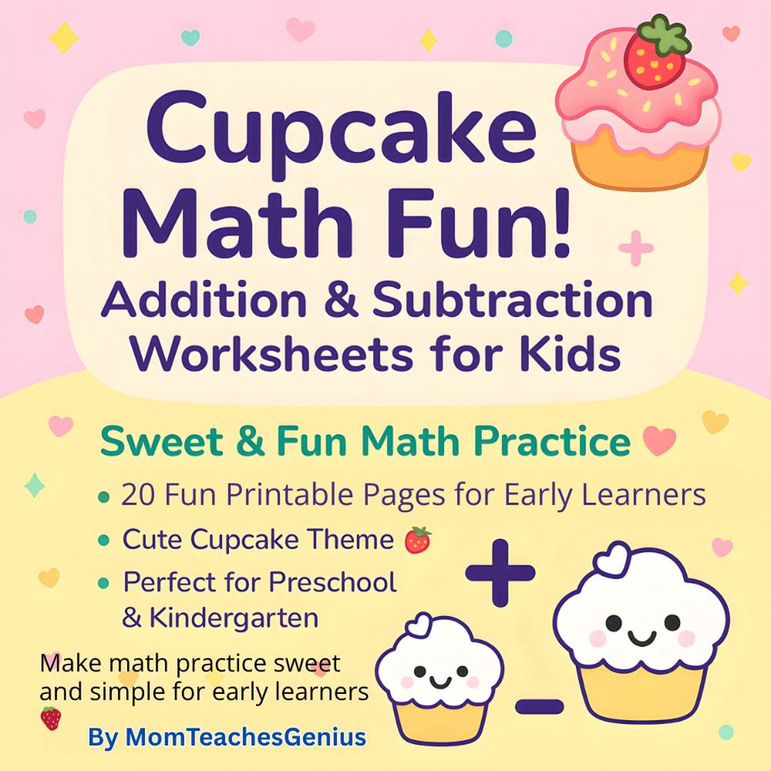 Cupcake Math Fun Addition Subtraction Worksheets for Kids | Sweet ...