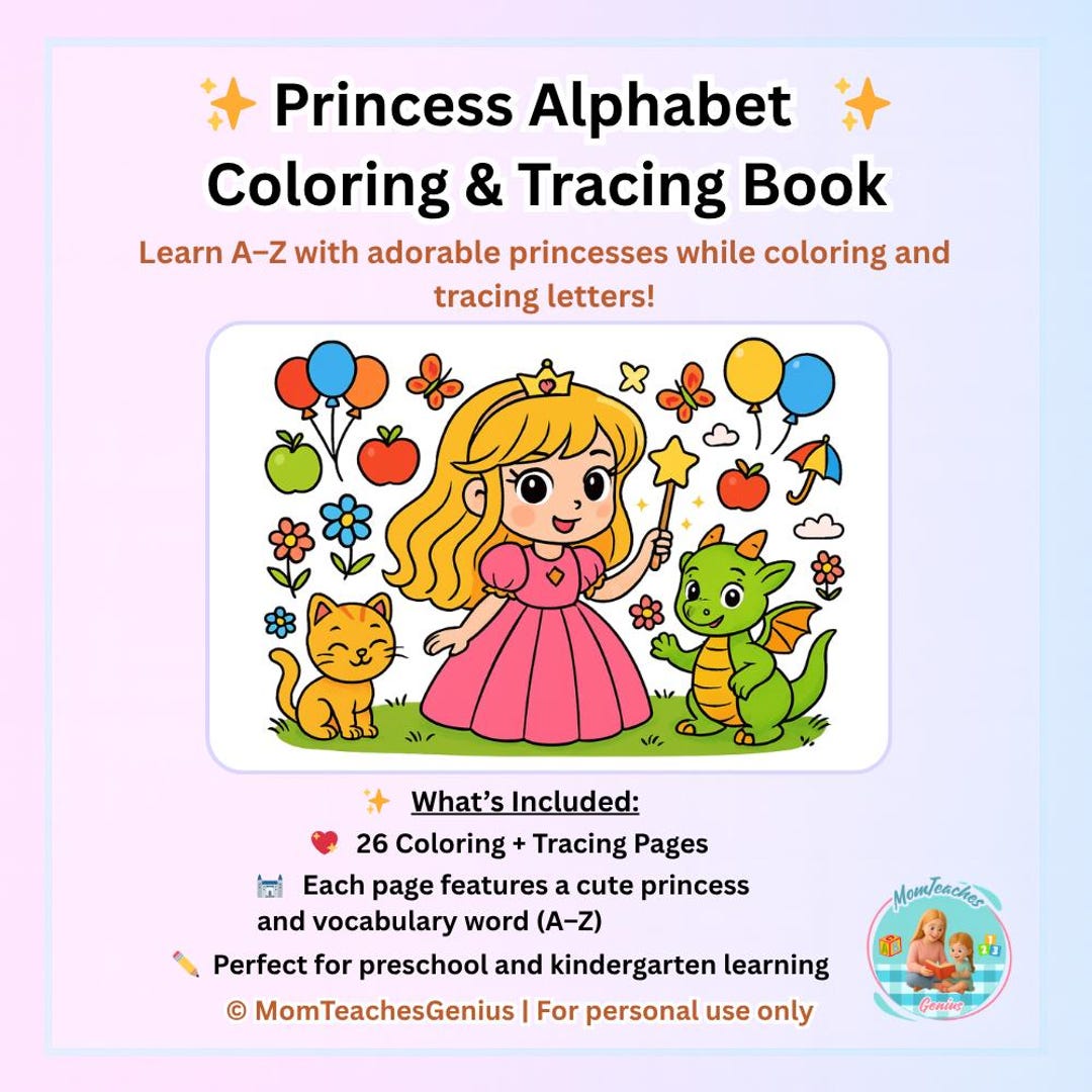 Princess Alphabet Coloring and Tracing Book | A-Z Printable Worksheets ...