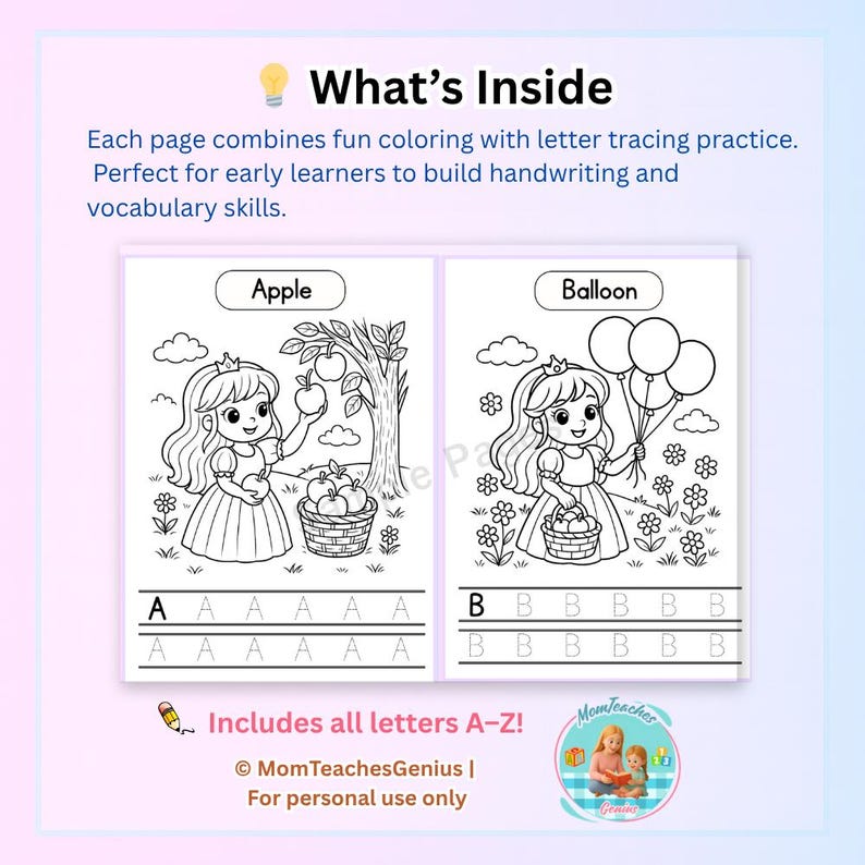 Princess Alphabet Coloring and Tracing Book | A-Z Printable Worksheets ...