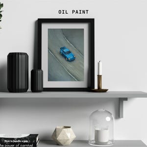 Blue Porsche 911 Wall Art Classic Sports Car Driving on Wet Road Modern Automotive Canvas Painting
