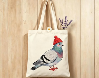 Cute Pigeon Print Cotton Tote Bag, Eco-Friendly Reusable Shopper for Groceries, Lightweight Washable Everyday Bag