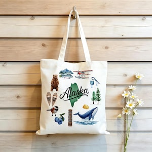 Borsa tote Alaska, borsa da viaggio illustrata dello stato, regalo per gli amanti della natura, borsa per tutti i giorni, borsa souvenir d'avventura