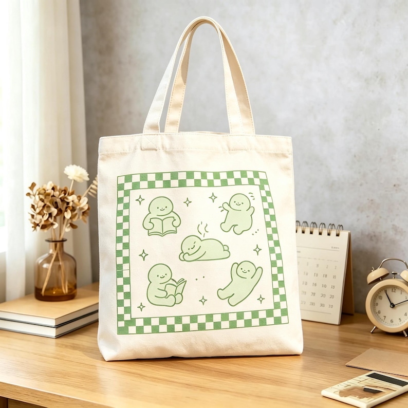 May include: A cream tote bag featuring a green and white chequered border with green cartoon figures in various poses. The bag has cream-coloured handles. The figures are reading and relaxing.