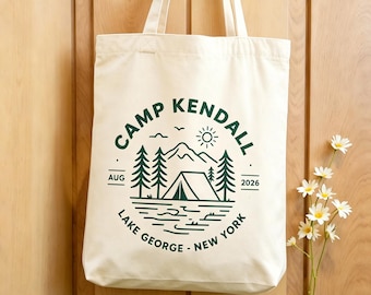 Custom Camp Bachelorette Tote Bag, Personalized Party Favors for Bride Crew, Weekend Adventure Tote, Tent & Star Decal Gift