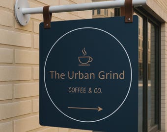 Peut inclure: Un panneau carré bleu marine pour "The Urban Grind COFFEE & CO." est suspendu à une barre métallique blanche avec des lanières en cuir marron. Le panneau présente un cercle blanc, une icône de tasse à café et une flèche.