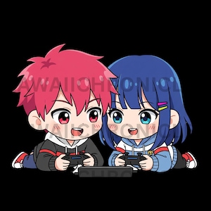 Chibi Gaming couple kawaii gamer playful buddies cute friend anime gamer digital PNG printable anime clipart for personalized item