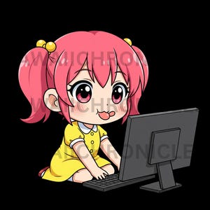 Kawaii Chibi style cyber girl little cute pink hair baby adorable girl with a laptop digital PNG printable anime clipart for custom gift