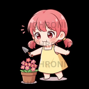 Chibi gardening girl little gardener adorable girl planting playful pink hair baby digital PNG printable anime clipart for custom gift