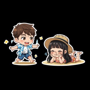 Joyful chibi kawaii friend having fun at the beach happy summer fun cute couple anime digital PNG printable clipart for custom gift