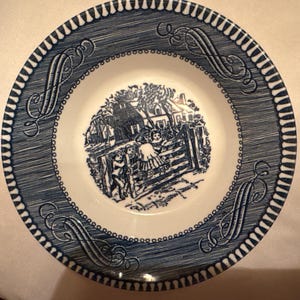 Currier and Ives Blue Dinnerware- 5 5/8” Bowl, “Old Farm Gate”