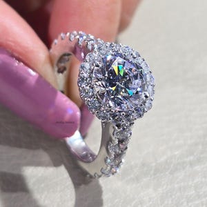 3 CT Round Brilliant Cut Moissanite Halo Engagement Ring Pave Diamond Band in White Gold Classic Sparkling Bridal & Proposal Ring for Women