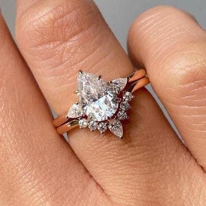3 Carat Pear Cut 3 Stone Engagement Ring Set with Band Moissanite Diamond Bridal Ring Set Unique Wedding Rings for Women