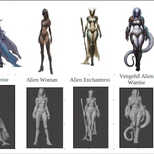 May include: An illustration of an "Alien Women Set" featuring five different alien characters. The top row includes detailed, colored depictions of an Alien Ethereal Warrior, Alien Woman, Alien Enchantress, Vengeful Alien Warrior, and Alien Warrior. The bottom row shows 3D models.