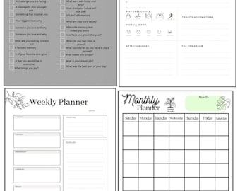 Op de afbeelding: Een verzameling afdrukbare plannerpagina's met een minimalistisch ontwerp. Bevat een 30-daagse journaling-uitdaging, een zelfzorgdagboek, een weekplanner en een maandplanner. Elke pagina heeft een overzichtelijke lay-out met ruimte voor notities en prompts.