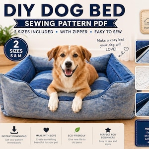 May include: DIY dog bed sewing pattern PDF. The image shows a happy dog lying in a denim-style dog bed. The bed is blue and gray, with a zipper and is easy to sew. The pattern includes two sizes, S and M.