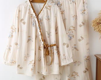 Pijama 100 % algodón de muselina, de manga larga, de algodón y lino japonés, para estar en casa, cómodo para mujer.