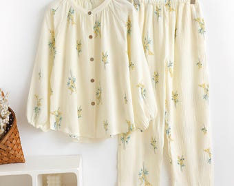 Conjunto de pijama 100 % algodón con estampado de flores de lirio, de muselina, de algodón y lino japonés, de manga larga, para el hogar, ropa cómoda para estar en casa.