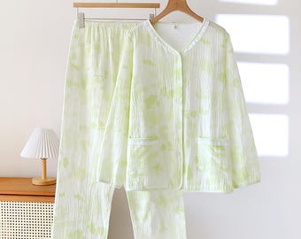 100% Cotton Pajama Set Muslin,Sweet V-neck Long-Sleeved Cotton Gauze Pajama Set,Comfortable Women's Loungewear,Lightweight Sleepwear