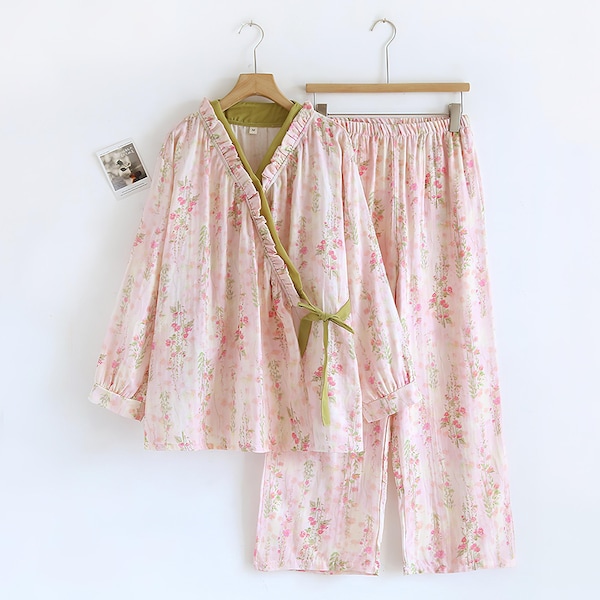 100% Baumwolle Pyjama Set Musselin, Pink Garden Spitze Kimono Baumwolle und Leinen Langarm Hauskleidung Set, Komfortable Damen Loungewear